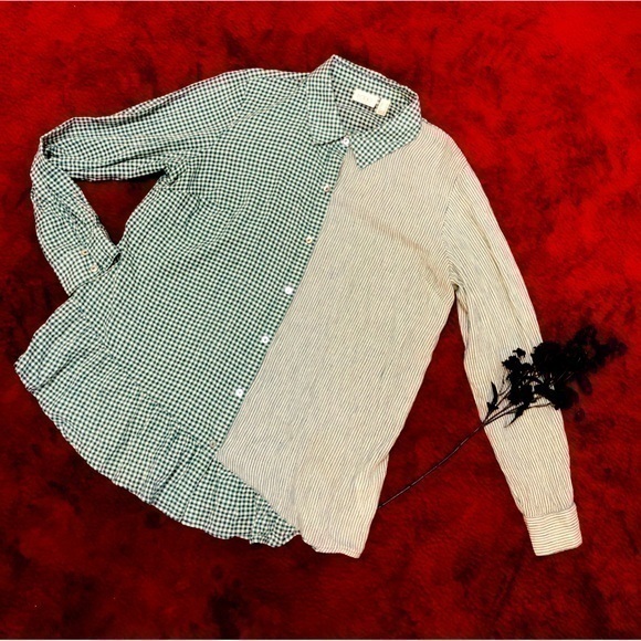 LOGO Lori Goldstein Asymmetrical Button Down Tunic,  Green Cream Gingham Striped - Picture 1 of 13